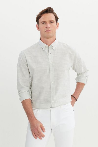AC&Co / Altınyıldız Classics Ανδρικό χακί 100% βαμβακερό πουκάμισο με ριγέ γιακά με κουμπιά