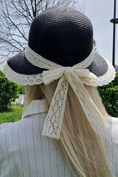 Mood Agenda قبعة شاطئ صيفية من القش بتفاصيل دانتيل على الطراز البوهيمي للسيدات