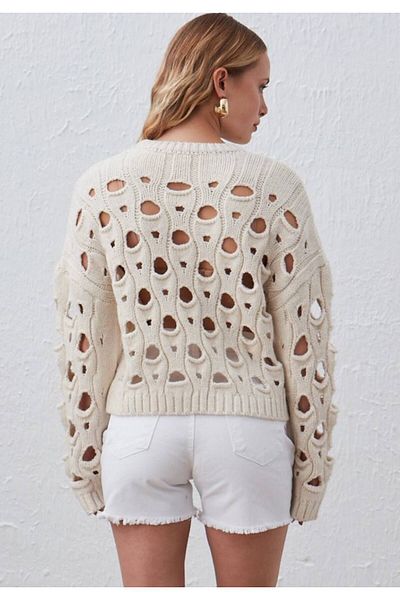 Vorondolo Knitwear Beige Openwork Crew Neck Women's Sweater