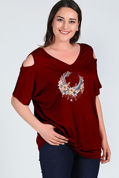 Curvy Trend Plus Size Boho Crescent Printed Shoulder V Window Short Sleeve Blouse