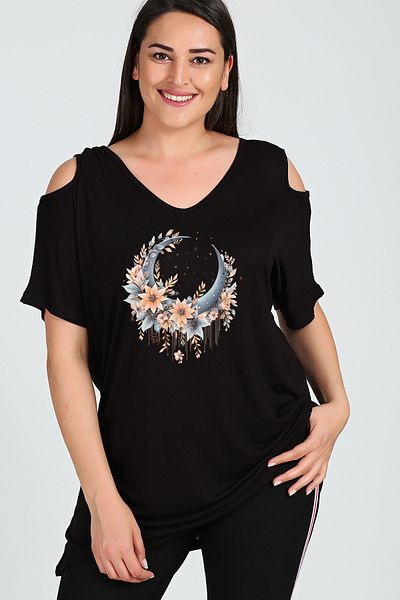 Curvy Trend Plus Size Boho Crescent Printed Shoulder V Window Short Sleeve Blouse