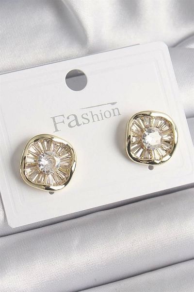 Clariss Brass Gold Color Zircon Stone Clover Model Women's Earrings