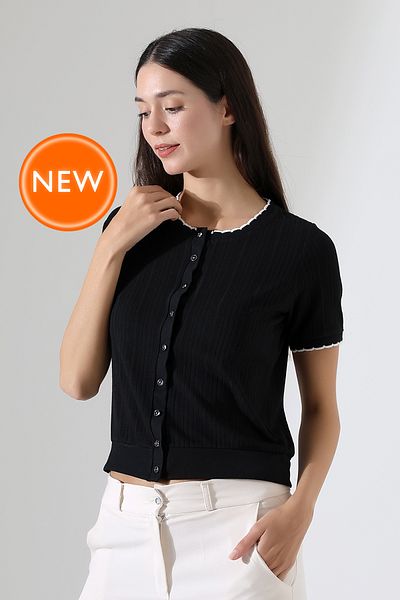 Şiir Cardigan de damă, elegant, cu nasturi, cu guler și mâneci de vară - negru