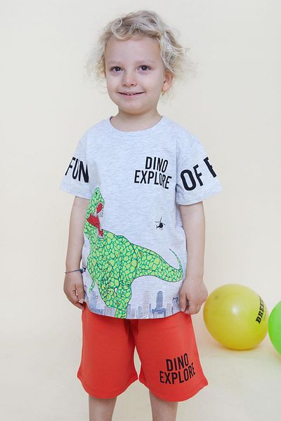 Breeze Boys' Shorts Set Strong Dinosaur Printed 2-6 Years Old, Light Gray Melange