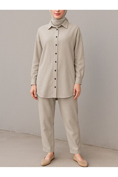 Modamorfo Beige Buttoned Trousers and Shirt Set
