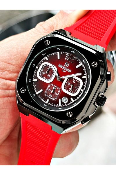 Reward Red Color Square Model Function Silicone Sports Men's Wrist Watch + Bracelet