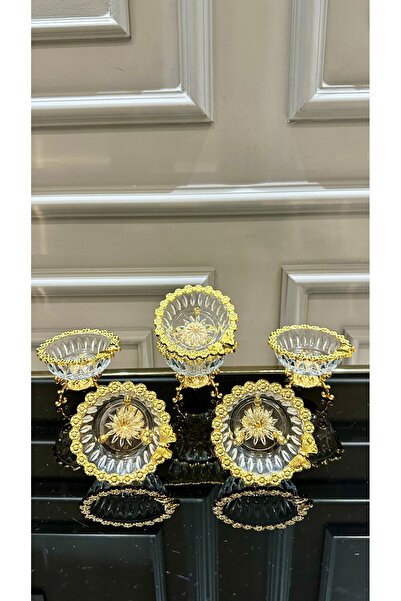 Vakıf home 6 Adet Cam Metal Ayaklı Gold İşlemeli Kahve Yanı Lokumluk