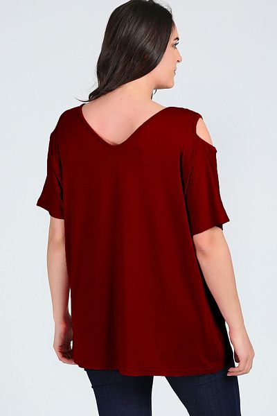 Curvy Trend Plus Size Boho Crescent Printed Shoulder V Window Short Sleeve Blouse