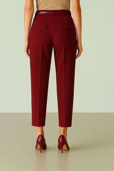 Modamorfo Burgundy Waist Belted Double Pocket Trousers