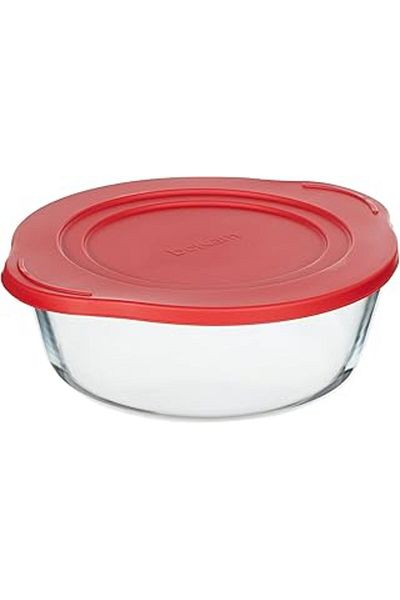 Mu Art Pasabahce Borcam Round Pot Plastic Red Lid, 2100 Cc