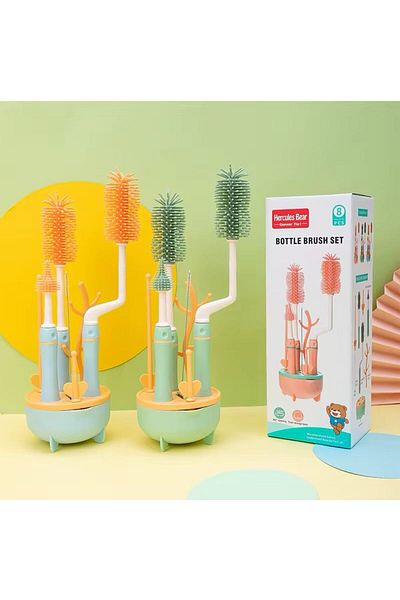 essentialneedsforall SILICON BABY BOTTLE BRUSH CLEANER SET,7 PIECESWITH STAND, 360" ROTATING, STRAW AND NIPPLE BRUSH