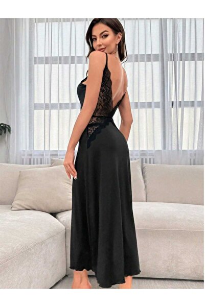 Lily Bianca Siyah İnci Dantelli Saten Uzun Gecelik