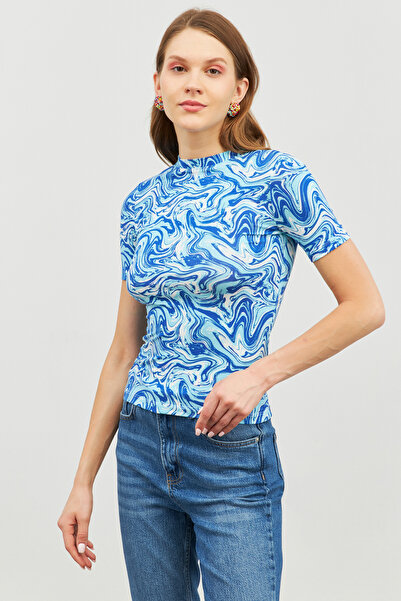 Bukamiss Women's Blue Marbling Patterned Short Sleeve Blouse