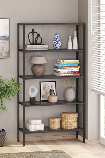 TOLIAHOME Modern 5 Katlı Siyah Renk Metal İskeletli Füme Cam Raflı Aksesuar R...