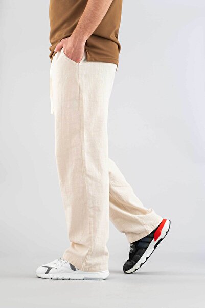 bombe Ανδρικό μπεζ άνετο παντελόνι Bagy Παντελόνι από λινό ζωσμένο κορδόνι από μαλακό ύφασμα