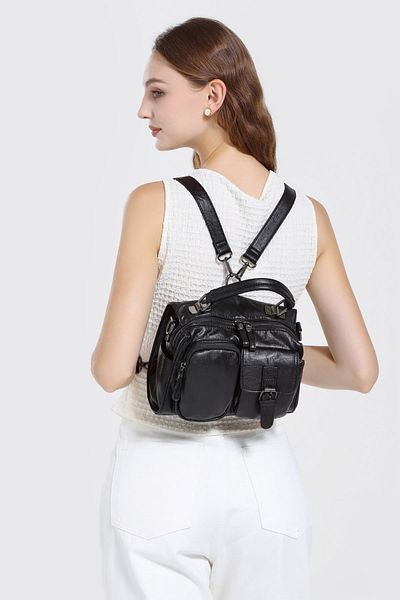Getcho Chase Women's Black 3-in-1 Leather Bag – Large Volume Zipper Suitable for Back, Shoulder and Hand Use