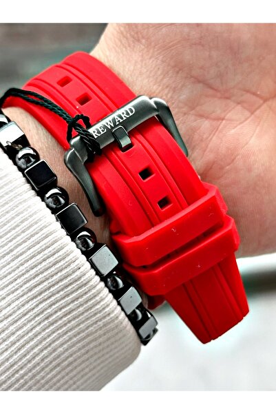 Reward Red Color Square Sports Functions Active Men's Wrist Watch + Bracelet