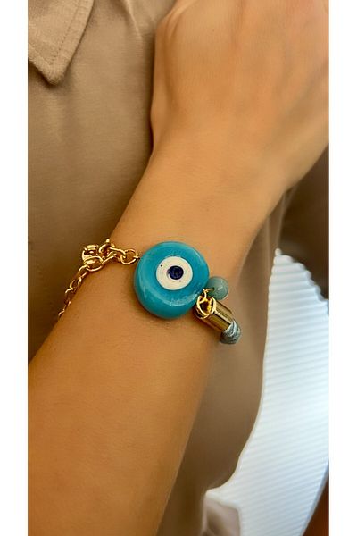 Kutcha Accessories Gold Detailed Cow Eye Evil Eye Beaded Bracelet