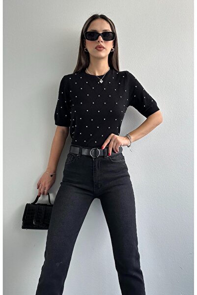 NATUFIAN STORE Γυναικείο κοντομάνικο πλεκτό μπλουζάκι με πέτρες