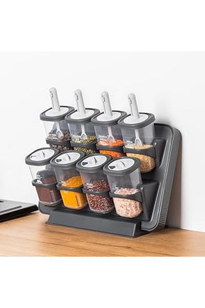 Mu Art Porsima 1117 Stand with Slide Spoon 360 °   Set of Spices with Rotating Lids and Labels - Food Storage
