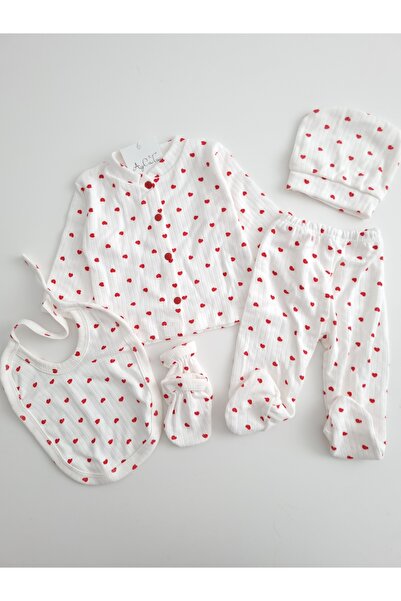 AyCaTa Kız Bebek Hastane Çıkışı 5 Li Set Fitilli Kumaş Kalpli Yeni Doğan Zıbı...