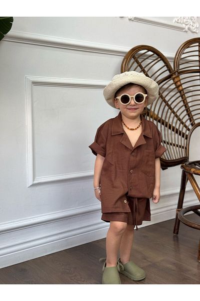 bohemiankids baby wear Brown linen shorts set