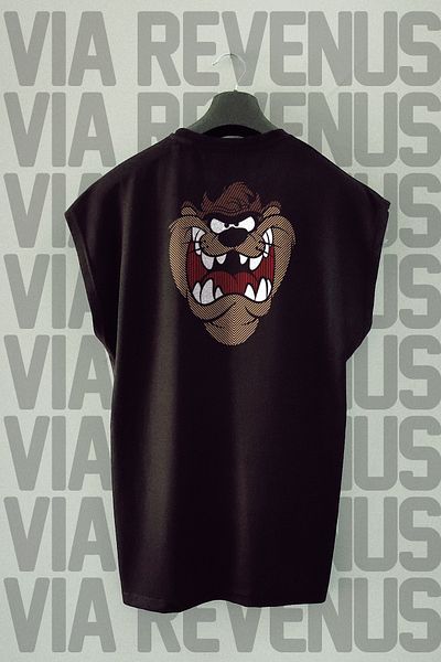 Vordevia Tasmanian Devil Back Printed Zero Sleeve Crew Neck Sports Tshirt