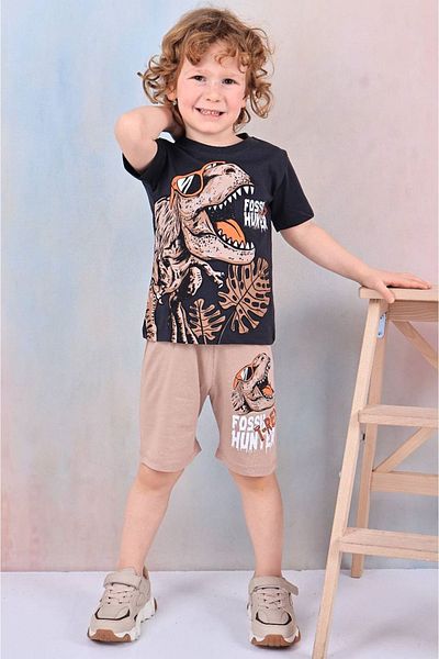 Yağmur Giyim Pjkskt Dinosaur Pattern Beige Shorts Boy's Short Sleeve Suit 7590-B