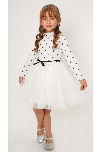 Mnk Baby&Kids Kız Puantiyeli Tütülü Günlük Elbise MNK0416 BEYAZ