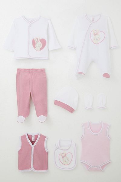 Breeze 8 Pack Cute Bunny Embroidered Baby Girl Hospital Release (0-3 Months, White)