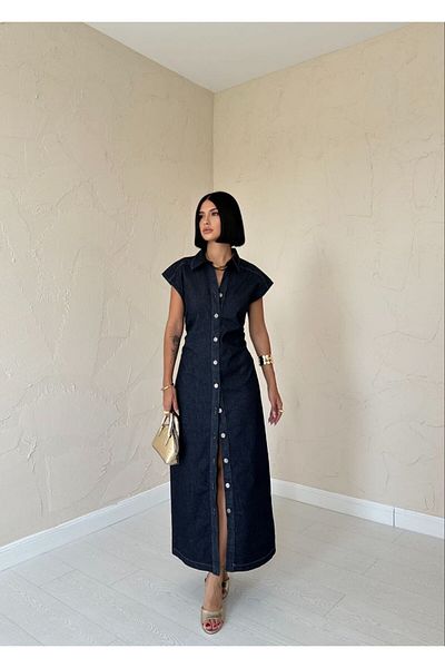 AB LOOKS Women's Navy Blue Stretchy Denim 100% Cotton Front Buttoned Draped Maxi Length Zero Month Sleeve Jean Jeans Dress