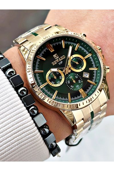 Reward Gold Color Functions Active Mid-Strip Steel Cord Men's Wrist Watch + Bracelet