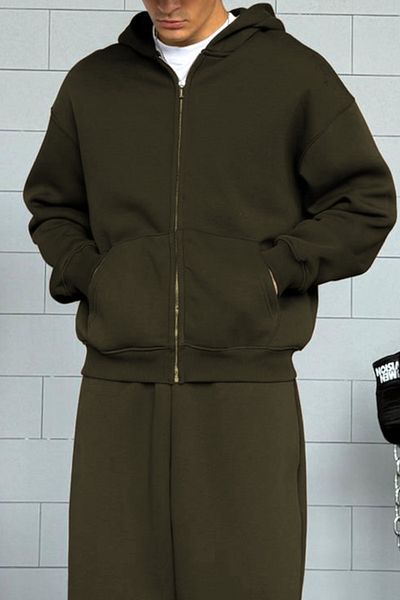 ruNadeS Men's Khaki Three Thread Fabric Zippered Hooded Cardigan
