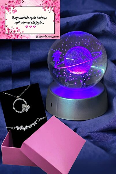 Le Manolia Accessories Kelebek Figürlü Kararmaz Çelik Kolye Bileklik Seti Ve 3d Satürn Kız Renk Değiştiren Kar Küresi