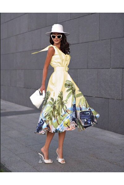 Butik Şenel Φόρεμα με μοτίβο παλάμης με φιόγκους στους ώμους