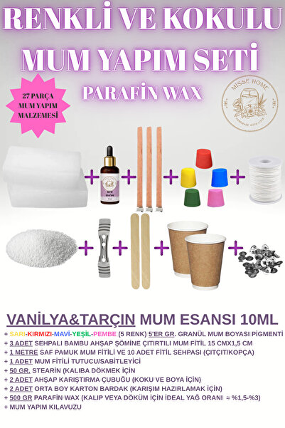 Misse Mum Yapım Seti (Full Set) Parafin Wax + Mum Esansı + Mum Boyası + Stear...