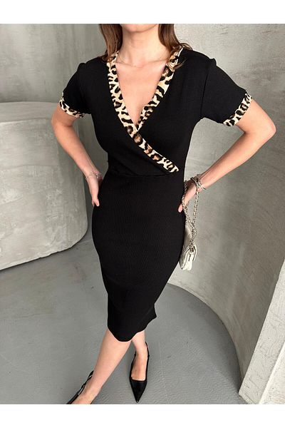 Butik Merrline Women Black V Neck Short Sleeve Knee Length Elegant Stylish Casual Dress