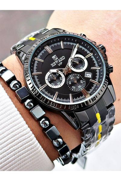 Reward Black Color Functions Active Mid-Strip Steel Cord Men's Wrist Watch + Bracelet