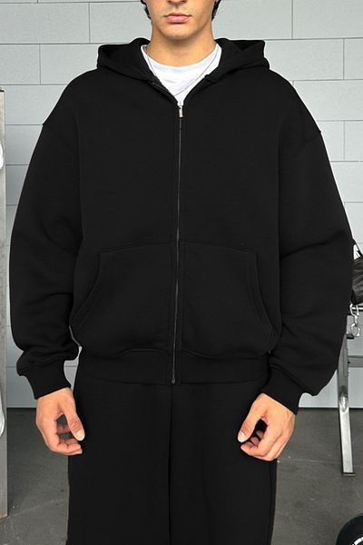 ruNadeS Men's Black Three Thread Fabric Zippered Hooded Cardigan