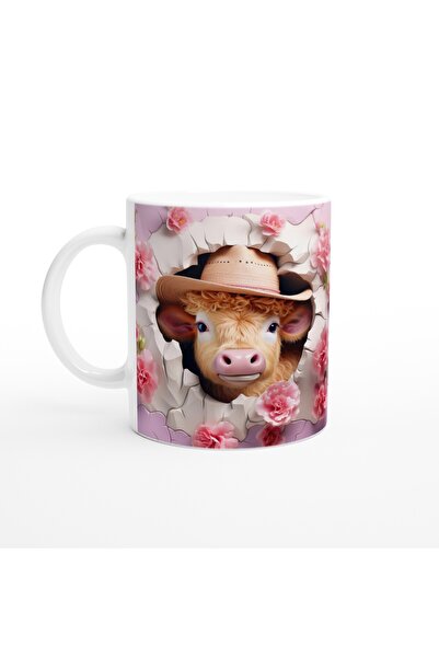 Wisdom Rain كوب مطبوع عليه بقرة مع قبعة رعاة البقر بين الزهور الوردية الريفية