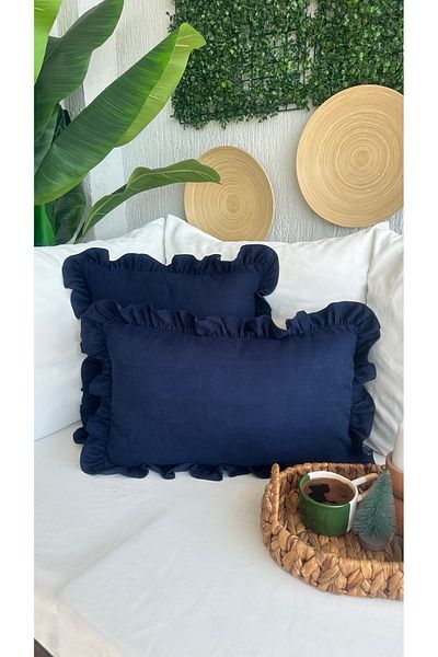 Decamor home Husă de pernă vintage cu volane bleumarin 1 bucată