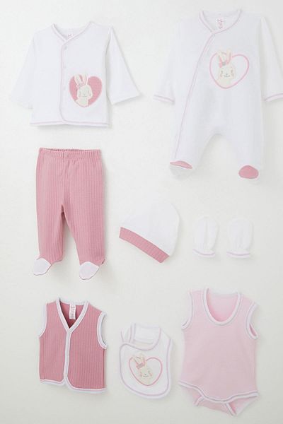 Breeze 8 Pack Cute Bunny Embroidered Baby Girl Hospital Release (0-3 Months, White)