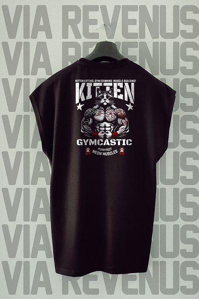 Vordevia Kitten Gym Back Printed Zero Sleeve Crew Neck Sports Tshirt