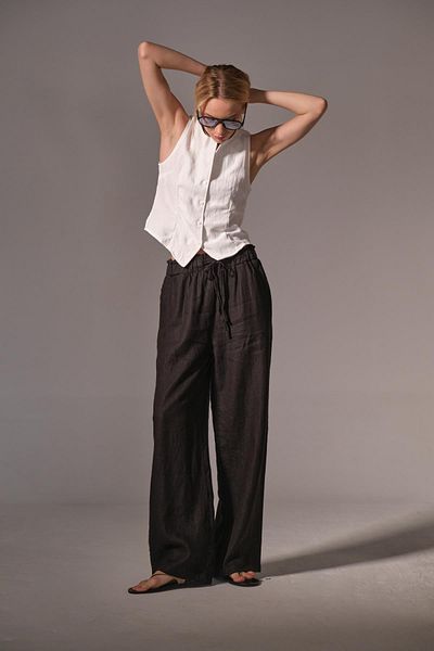 Maule Black 100% Linen Wide Leg Loose Fitting Lace up Elastic Women's Trousers @Leon