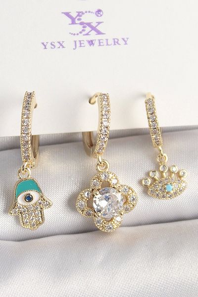 Clariss Brass Gold Color Zircon Stone Fatma Ana Hand Clover Figure Eye Detail 3-Piece Women's Combination Earrings