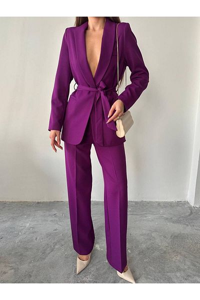 ENZOI Purple Belted Jacket Palazzo Pants Suit