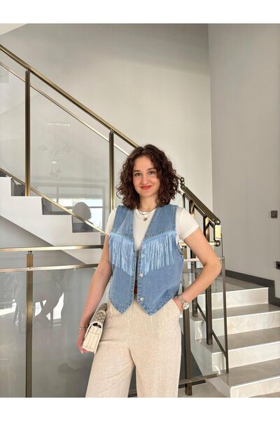 Butik Джинсовий жилет з бахромою