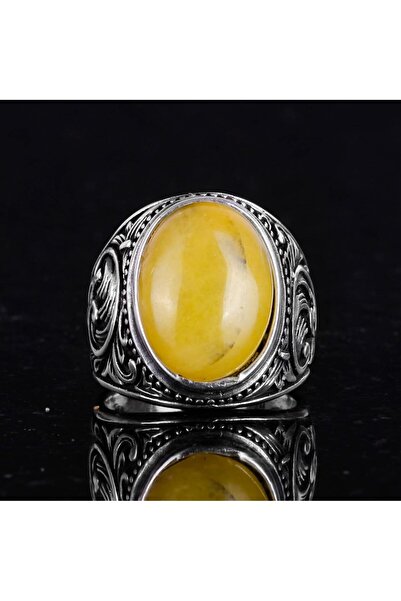 KAMBO 925 Ayar Katı Gümüş Yüzük - Doğal Sarı Akik Taşlı Yüzük, Tasarım Gümüş Erkek Yüzüğü