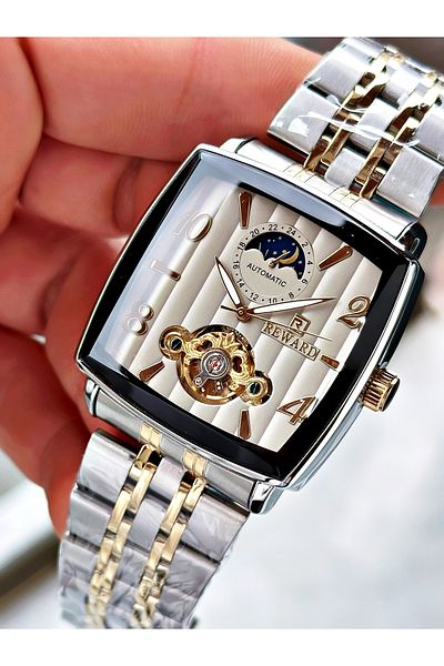 Reward Gold Silver Color Square Mechanism Automatic Winding Men's Wristwatch + Bracelet