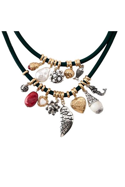 neslyaccessories Double Fish Charm Detailed Black Leather Necklace Gold Silver Mixed Figure Design